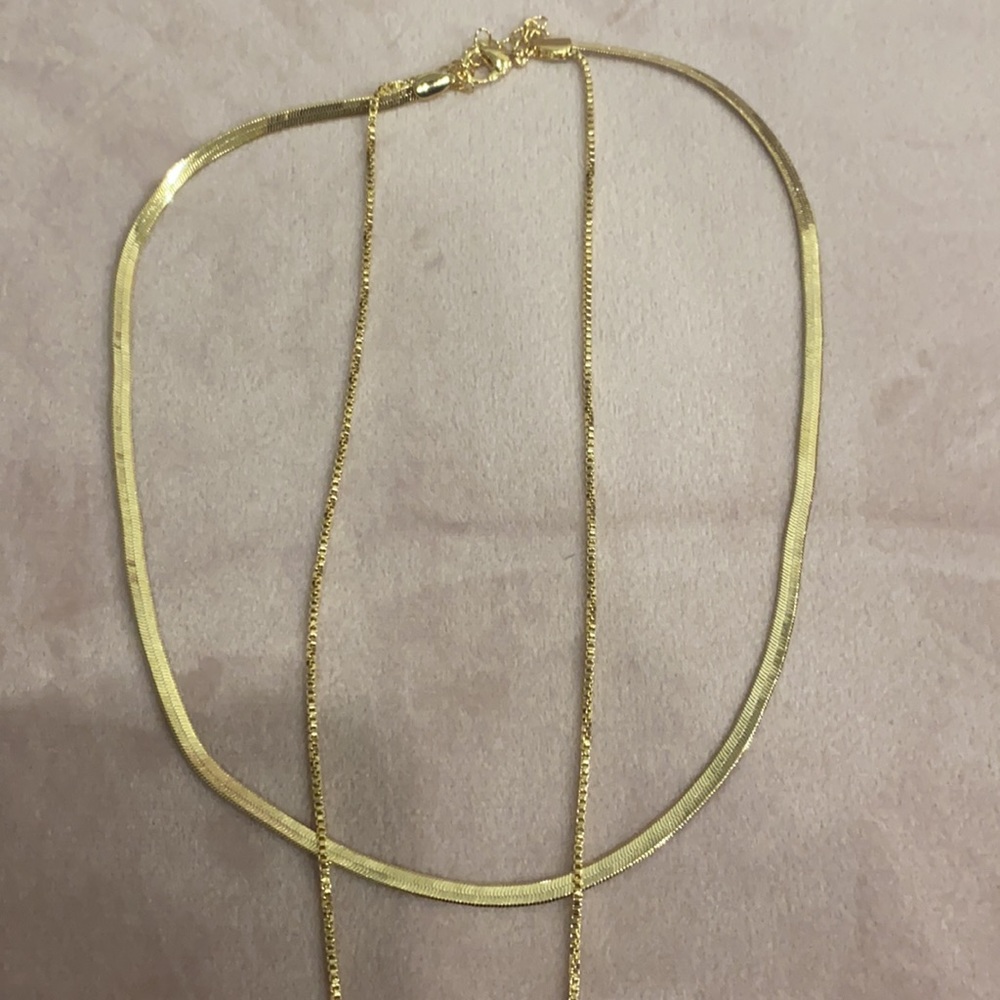 Herringbone & Box Chain Layered Gold Necklace - Picture 6 of 7